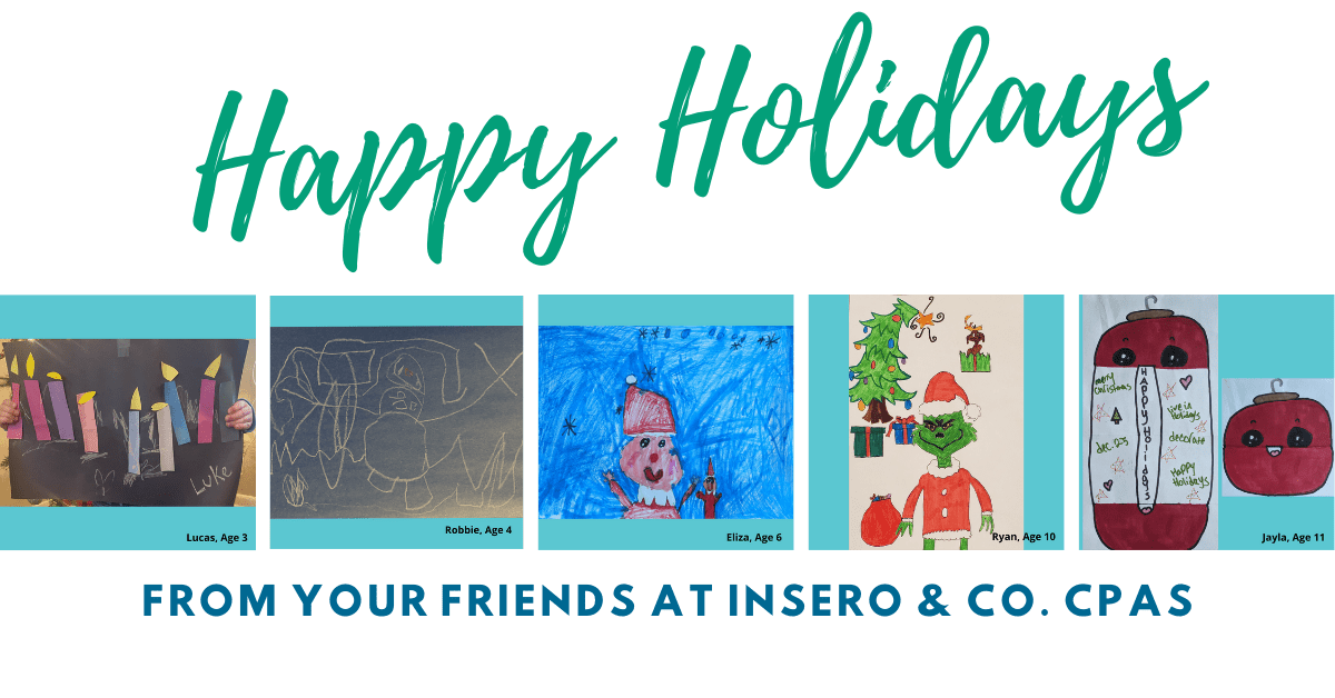 image says "Happy Holidays from your friends at Insero and features holiday artwork done by children ages 3-11