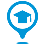 blue icon with graduation cap and place marker indicating on campus recruiting events